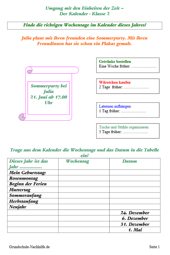 Arbeitsblatt Nachhilfe Mathe Der Kalender
